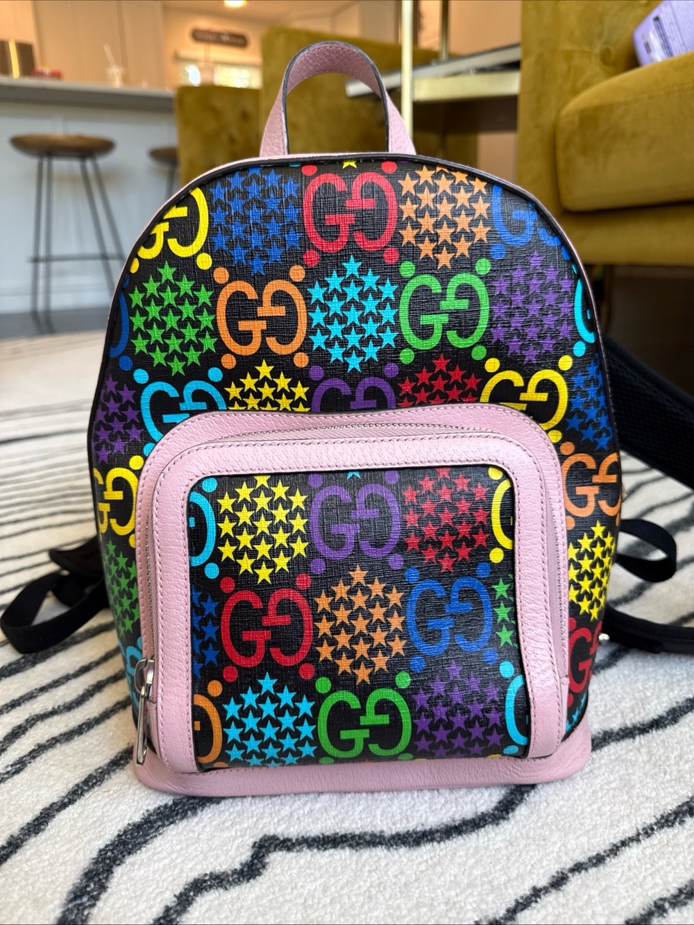 Gucci GG Psychedelic Backpack Multicolor Stars Pink Leather 601296